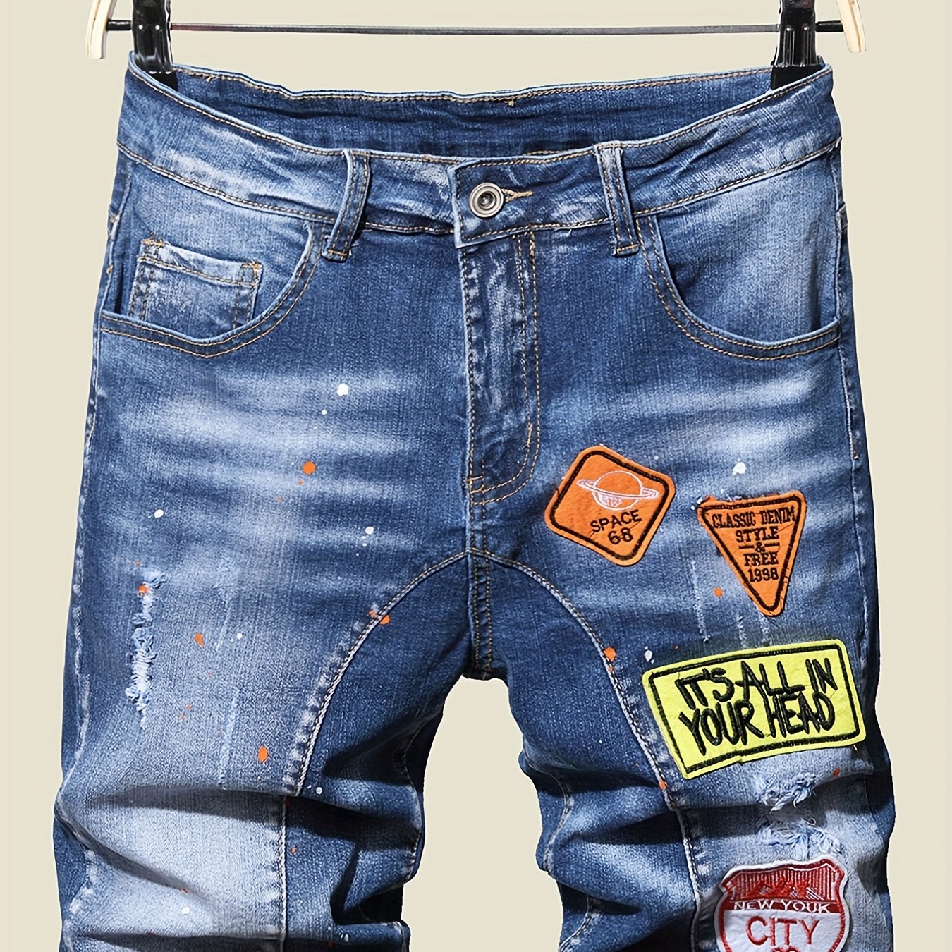 Splatter Dot Slim Fit High Stretch Denim Shorts Men's Summer Shorts