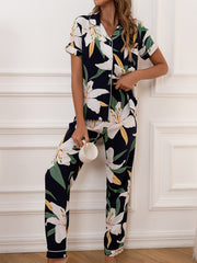Floral Satin Pajamas Set Long Sleeve Nightwear Pants