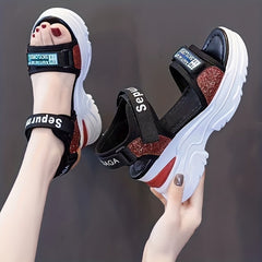 Women's Wedge Sandals Open Toe Buckle Sequins Thick Bottom Sports Sandals