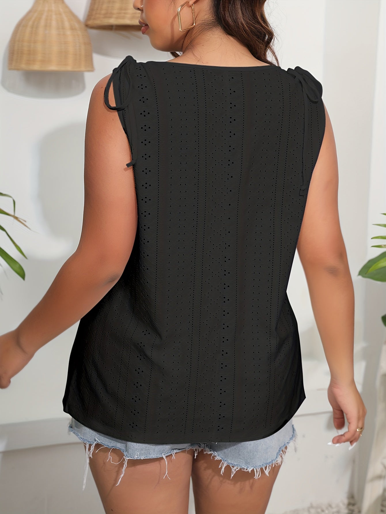 Casual Tank Top Women's Plus Solid Eyelet Embroidered Button Decor