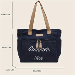 Vintage Letter Embroidered Tote Bag Retro Canvas Shoulder Bag Women's Casual