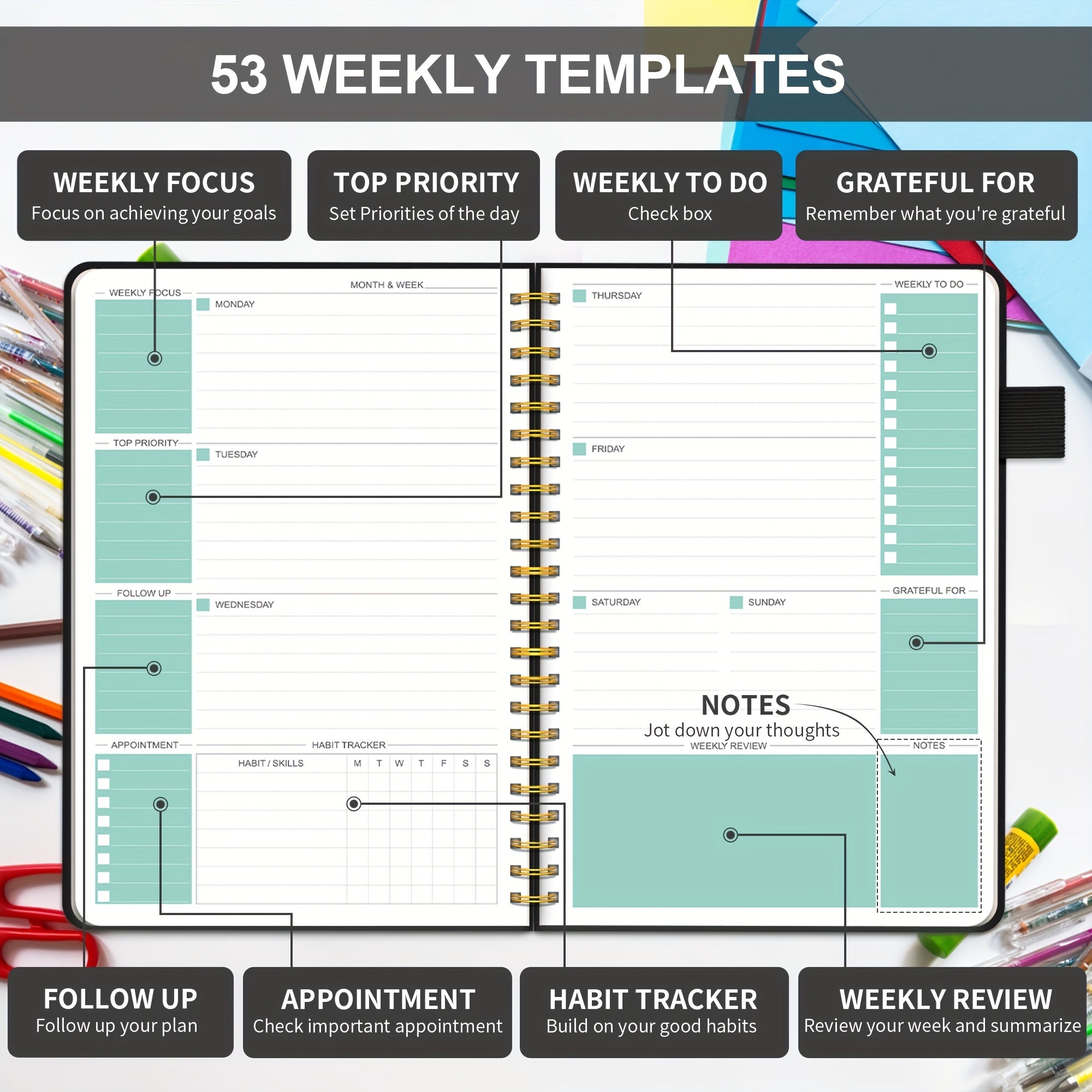 Undated Planner 12 Month Weekly Monthly Hardcover Faux Leather Spiral Bound