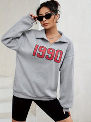 1990 Print Pullover Sweatshirt Long Sleeve Polo Collar for Fall & Winter