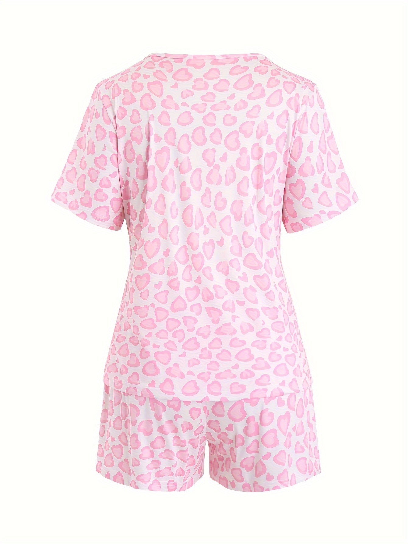 Heart Print Pajamas Set Short Sleeve Tee & Shorts 2 Piece Set