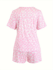 Heart Print Pajamas Set Short Sleeve Tee & Shorts 2 Piece Set