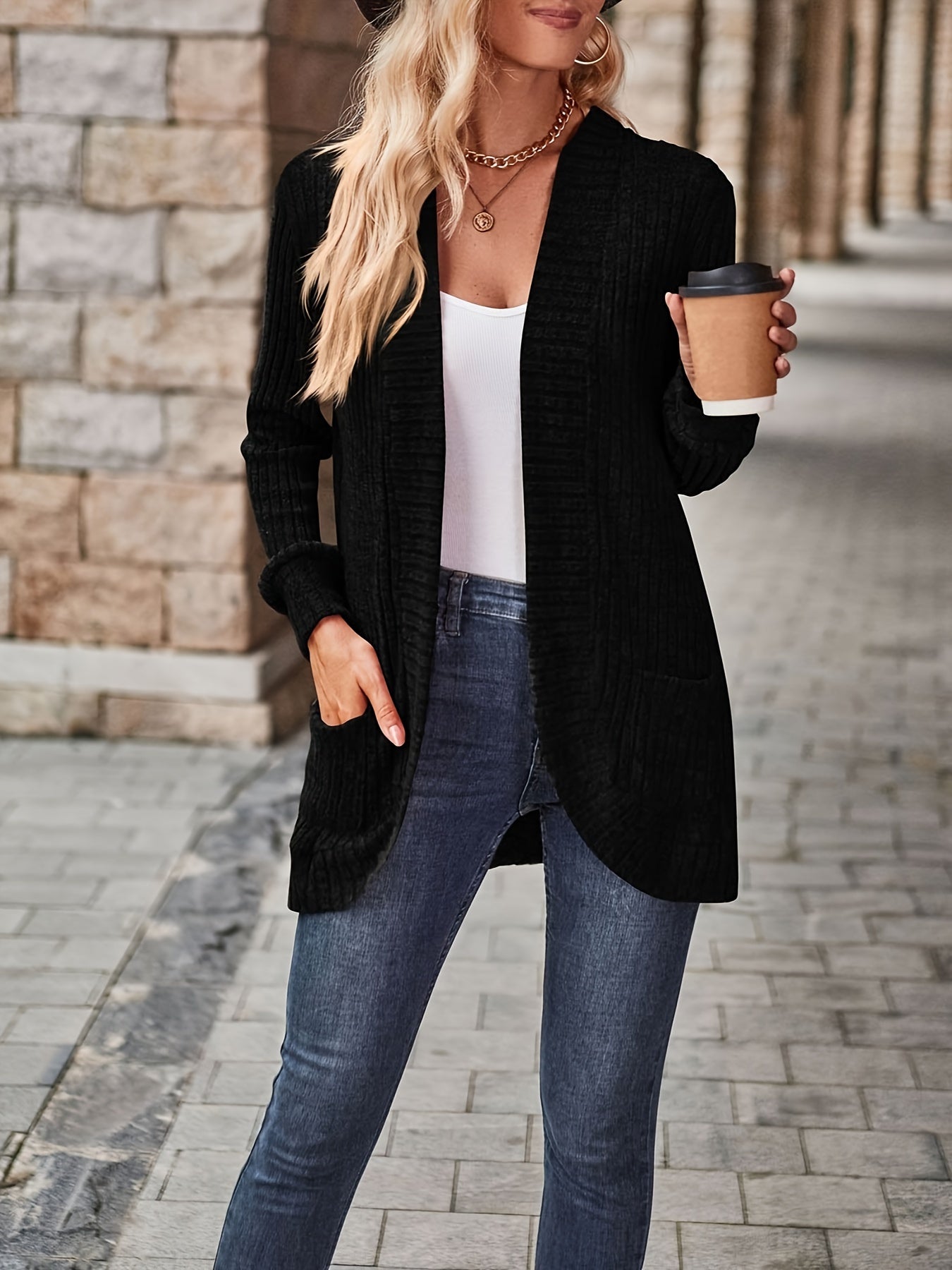 Solid Ribbed Long Sleeve Open Front Knit Cardigan
