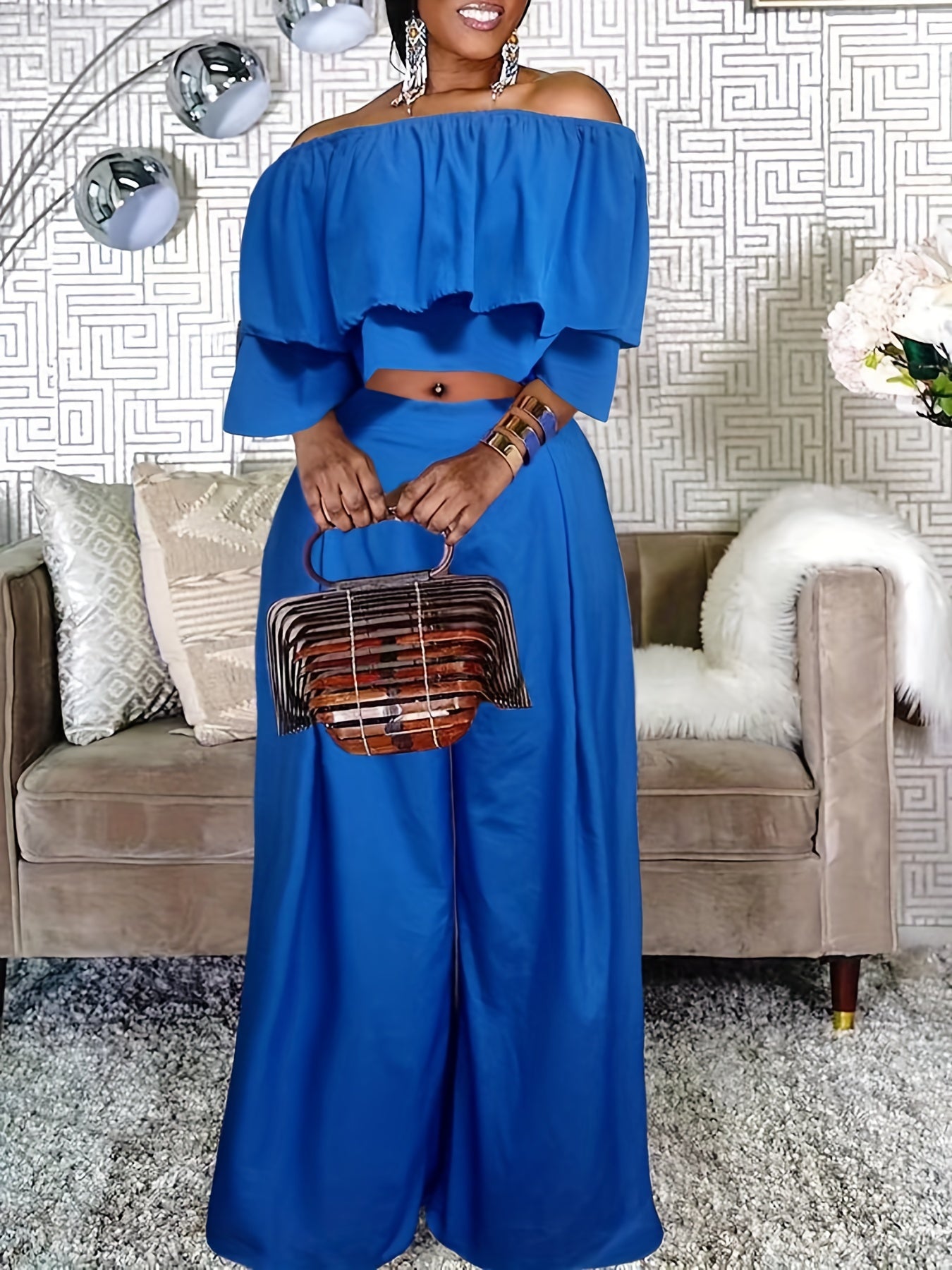 Women's Off Shoulder Crop Top & Wide Leg Pants Set