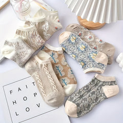 9 Pairs Floral Print Low Cut Ankle Socks Retro Style Soft & Lightweight