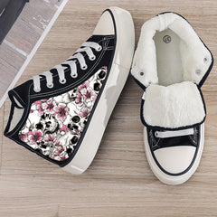 Skull & Flower Plush Lined Thermal Canvas Sneakers