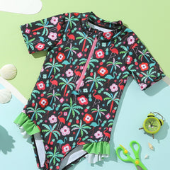 Flamingo & Flowers Graphic Short Sleeve Swimsuit
