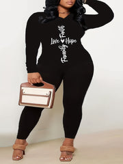 Women's Plus Letter & Heart Print Long Sleeve Top & Leggings Set