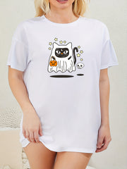 Halloween Dress Cat Ghost & Pumpkin Print Round Neck Nightdress