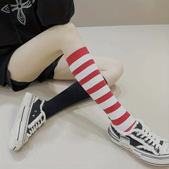 Star & Striped Print Calf Socks Elastic Knee High Stockings