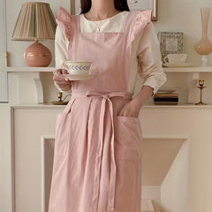 Ruffled Linen Apron X Back Pockets for Chefs Gardeners Cooks Bakers Florists