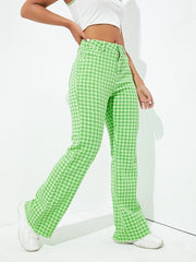 Green Houndstooth Bell Bottom Slim Fit High Waist Y2K Trousers Pants