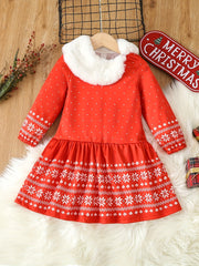 Girls Snow Graphic Christmas Dress with Fur Collar