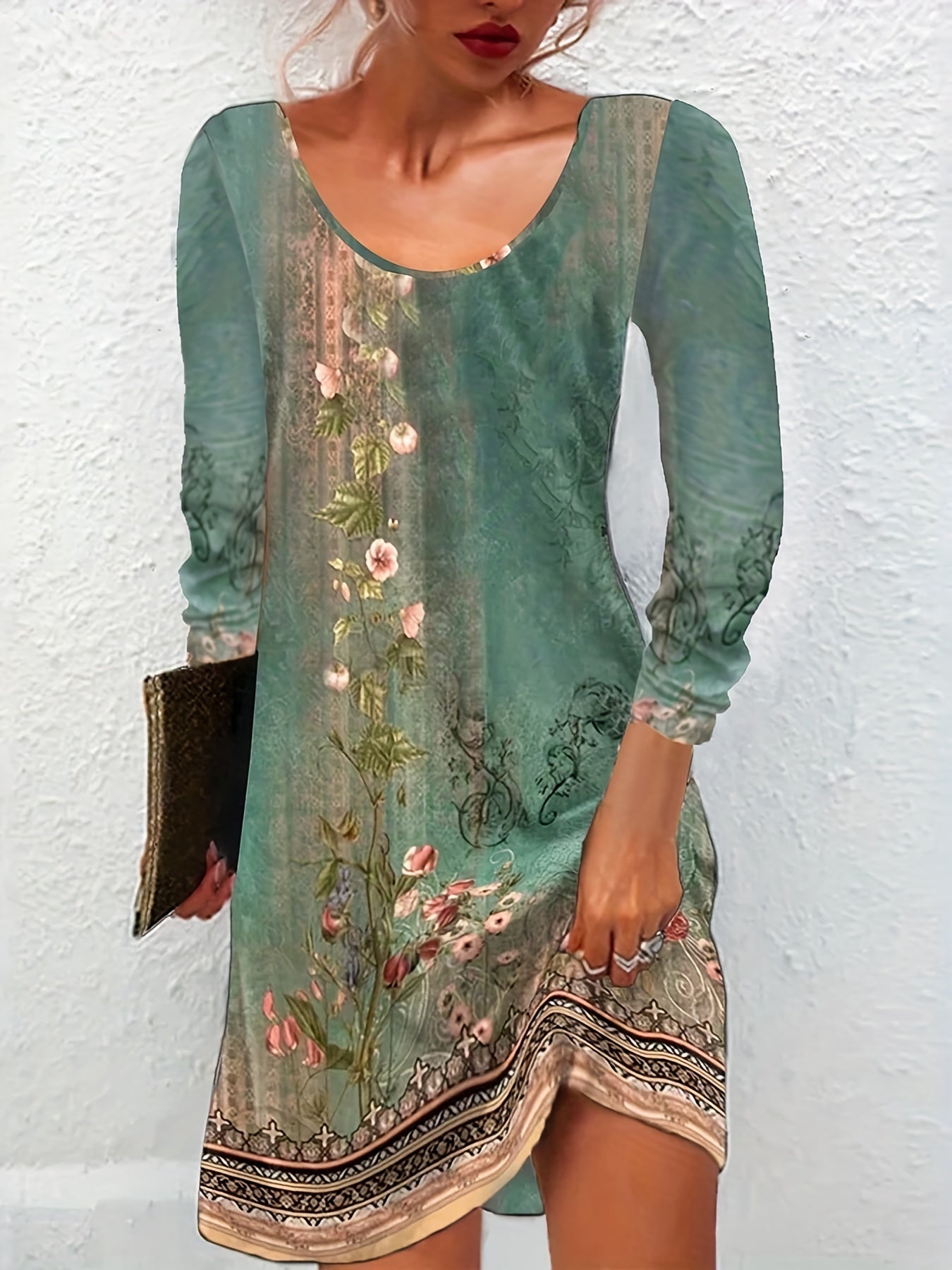 Vintage Floral Print Long Sleeve Dress