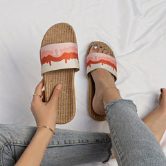 Women's Linen Flat Slides Casual Open Toe Non Slip Indoor Shoes