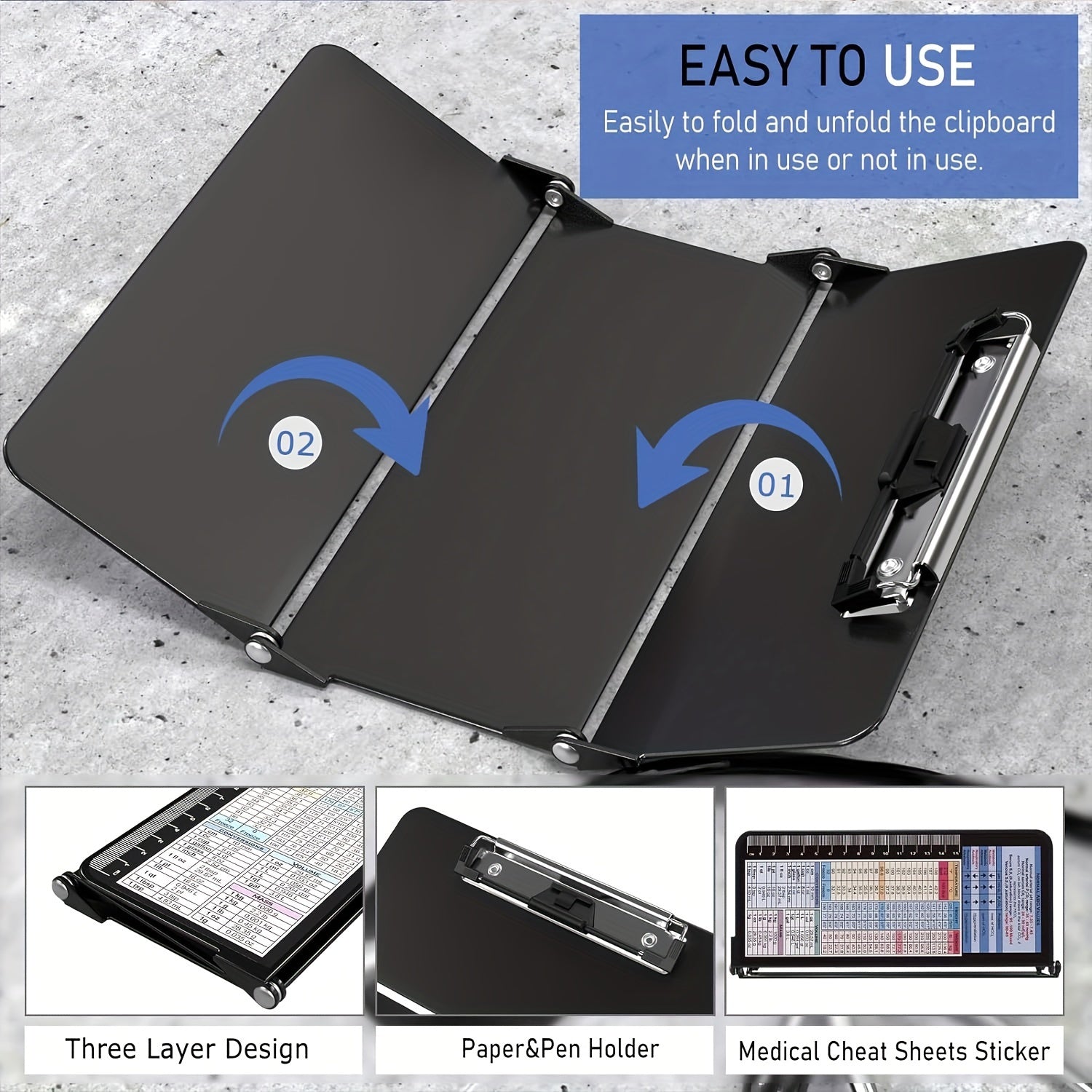 3-Layer Aluminum Nursing Clipboard with Cheat Sheets & Clip