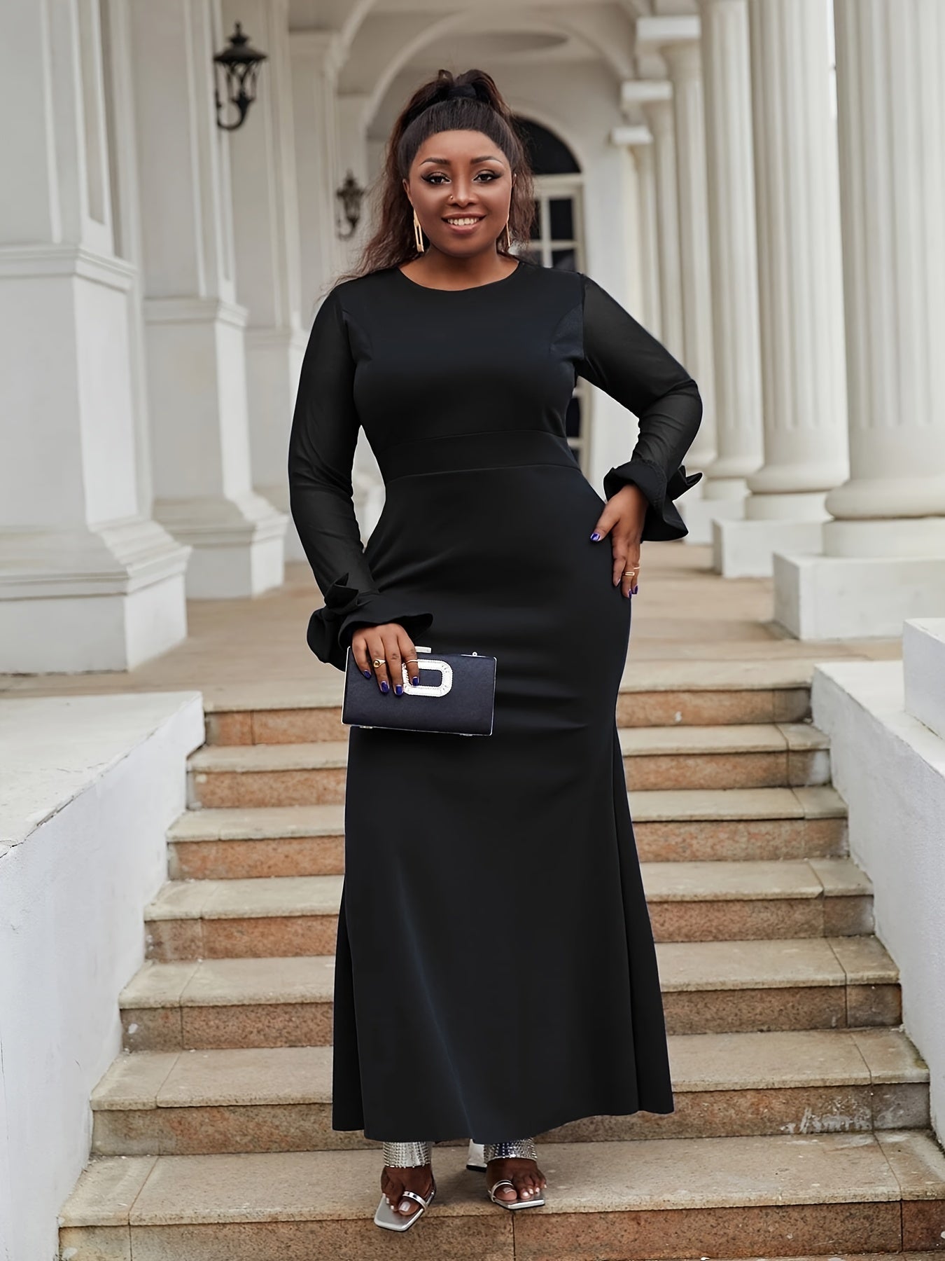 Satin Mesh Long Sleeve Maxi Dress Women's Bridal Wedding Party Dress