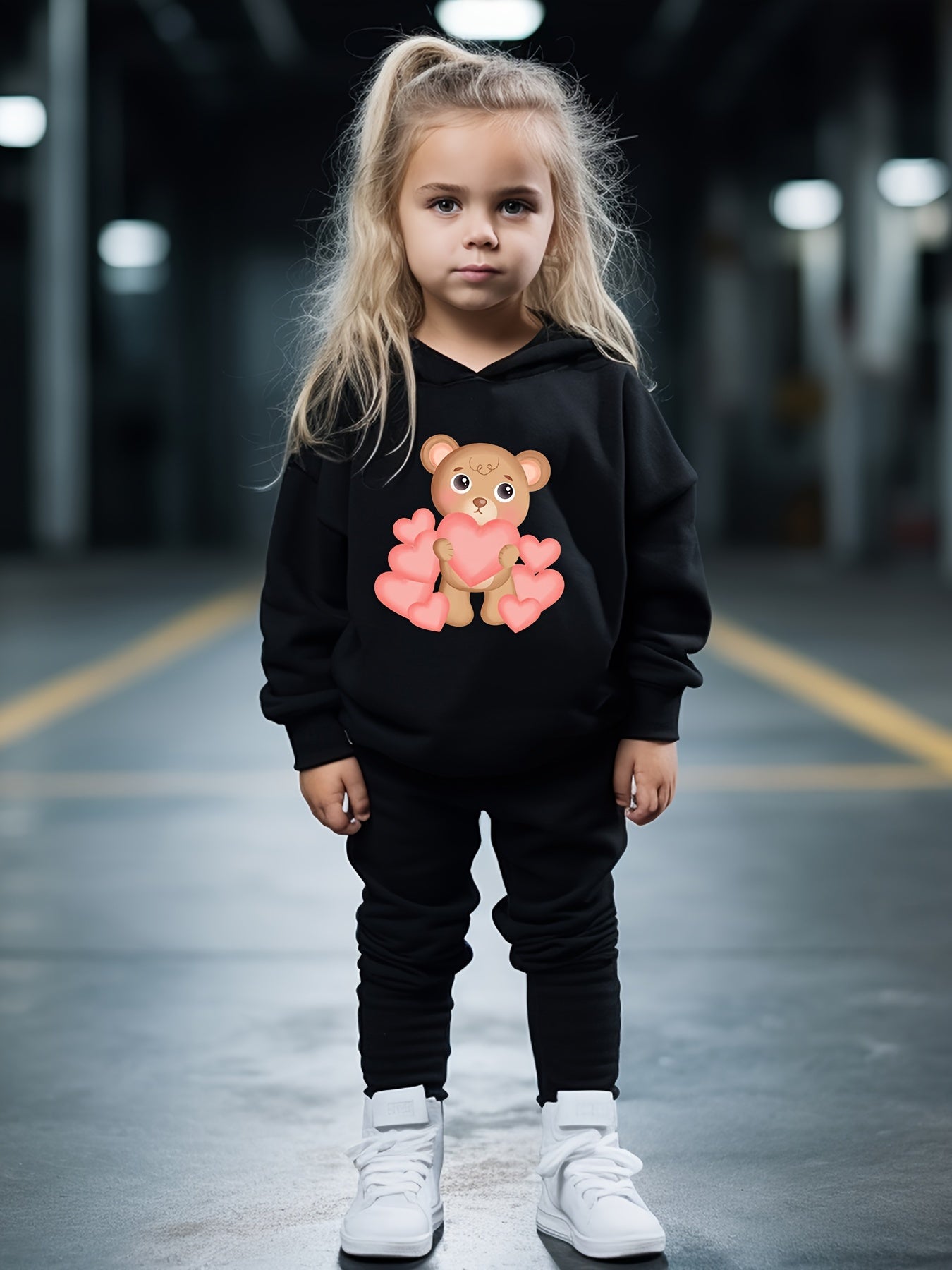 Heart Bear Print Hooded Pullover Pants Set for Kids