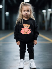 Heart Bear Print Hooded Pullover Pants Set for Kids