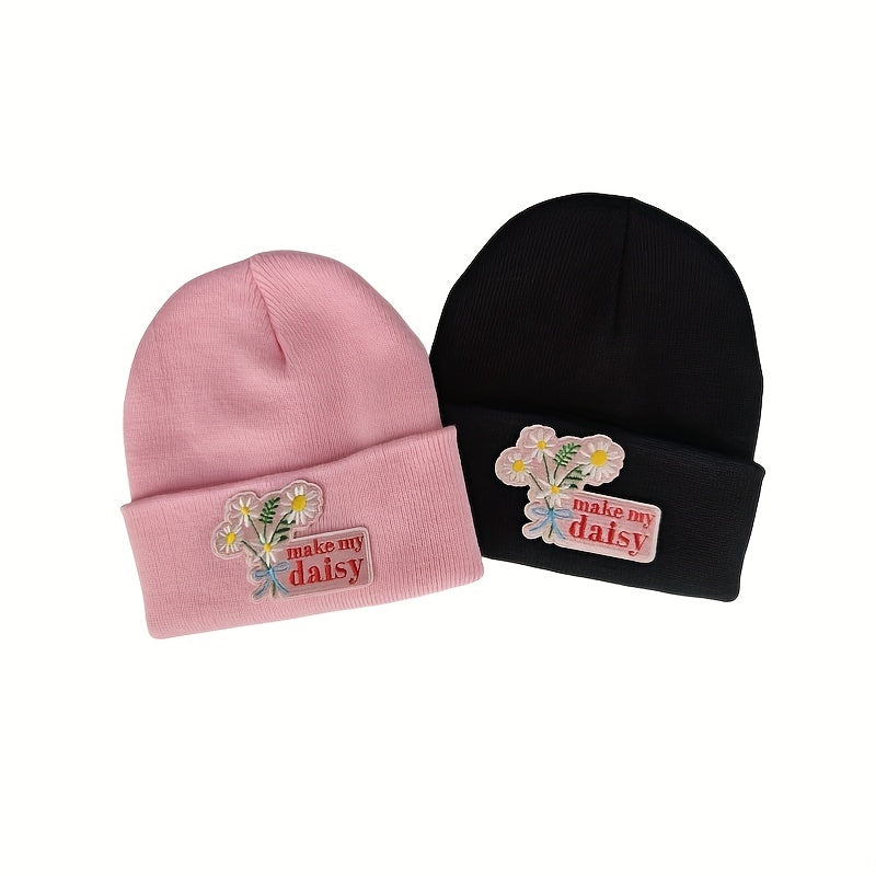 Daisy Embroidery Patch Beanie Knit Hat Windproof Warm Skull Cap