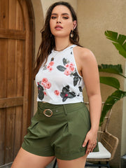 Women's Plus Floral Print Halter Neck Tank Top & Solid Shorts Set