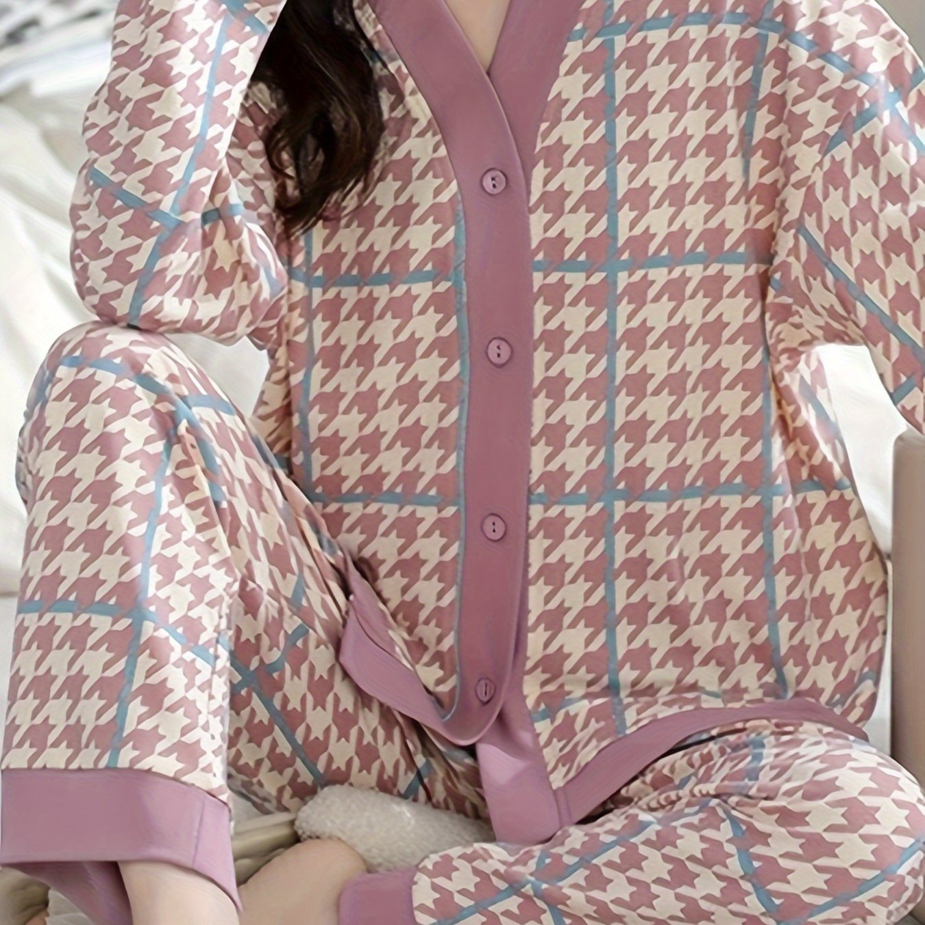 Houndstooth Print Pajama Set V Neck Top & Pants