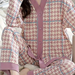 Houndstooth Print Pajama Set V Neck Top & Pants