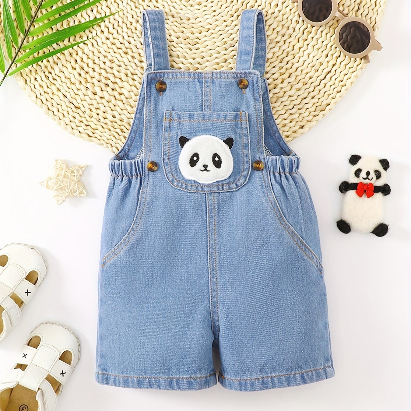 Baby Panda Embroidery Denim Overalls Romper Clothes