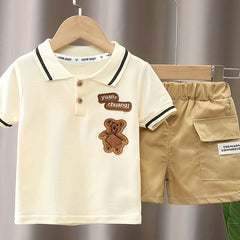 Boys Casual Suit Bear & Letter Embroidered Shirt Shorts
