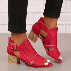 Women's Peep Toe Low Heeled Sandals Perforated Buckle Strap