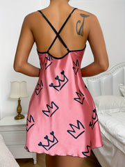 Crown Print Slip Nightdress Sexy Scoop Neck Backless Spaghetti Strap Sleep Dress