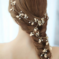 Faux Pearl Hairband Golden Leaf Headband Wedding Hair Jewelry