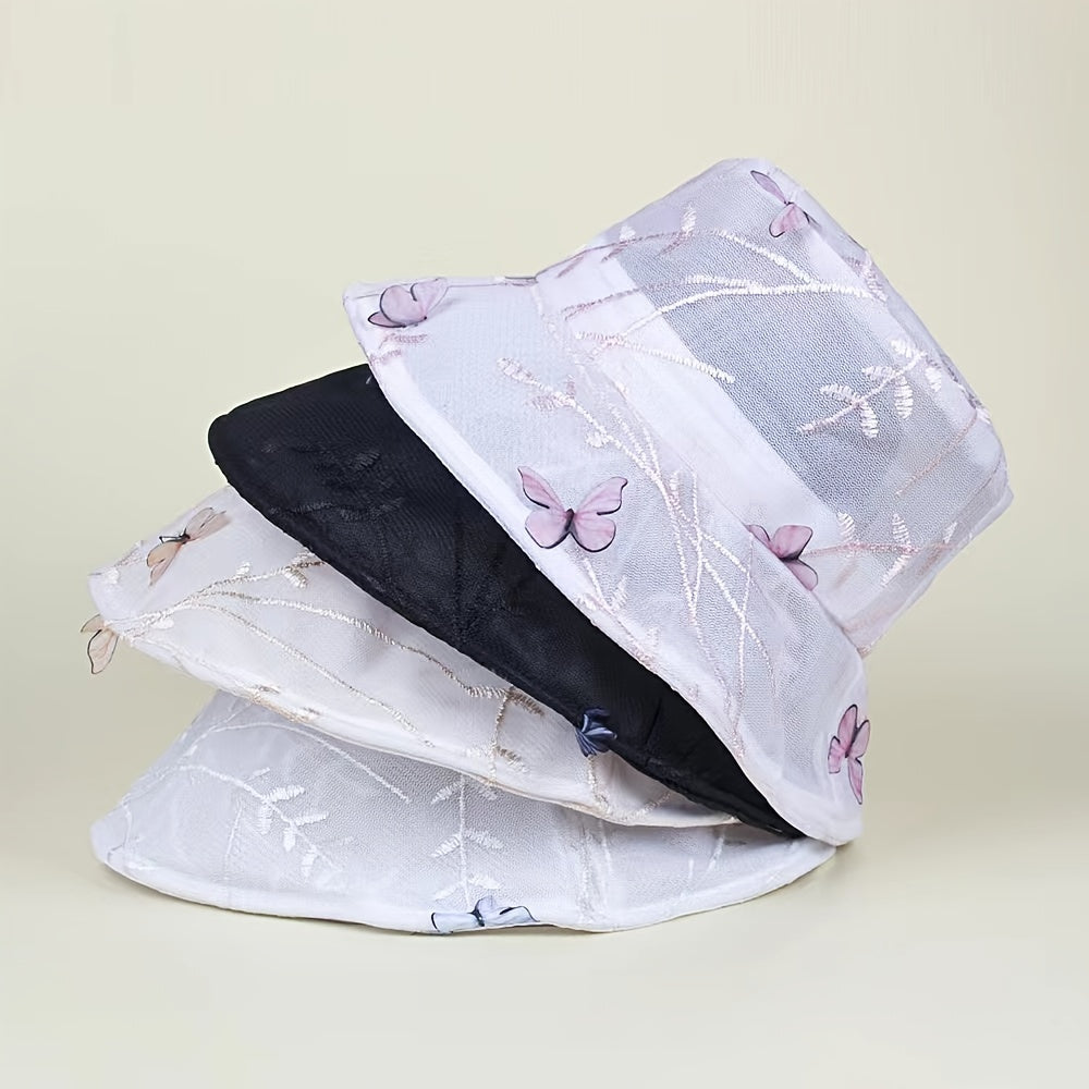 Lace Breathable Bucket Hat with Butterfly Embroidery