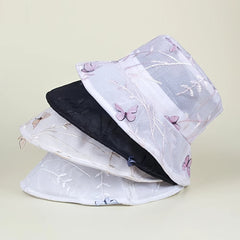 Lace Breathable Bucket Hat with Butterfly Embroidery