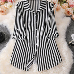Blouse Women's Plus Stripe Print Button Up Roll Up Long Sleeve