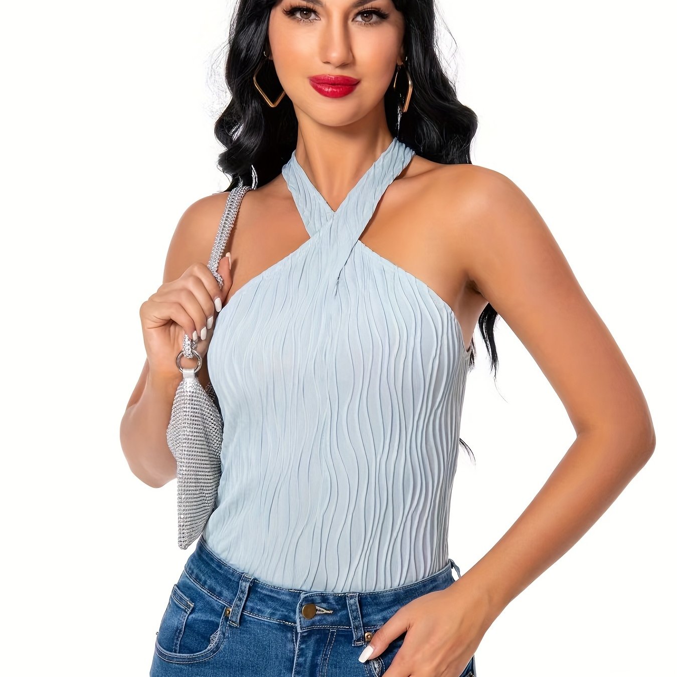 Ripple Slim Halter Top Sleeveless Summer Keyhole Sexy