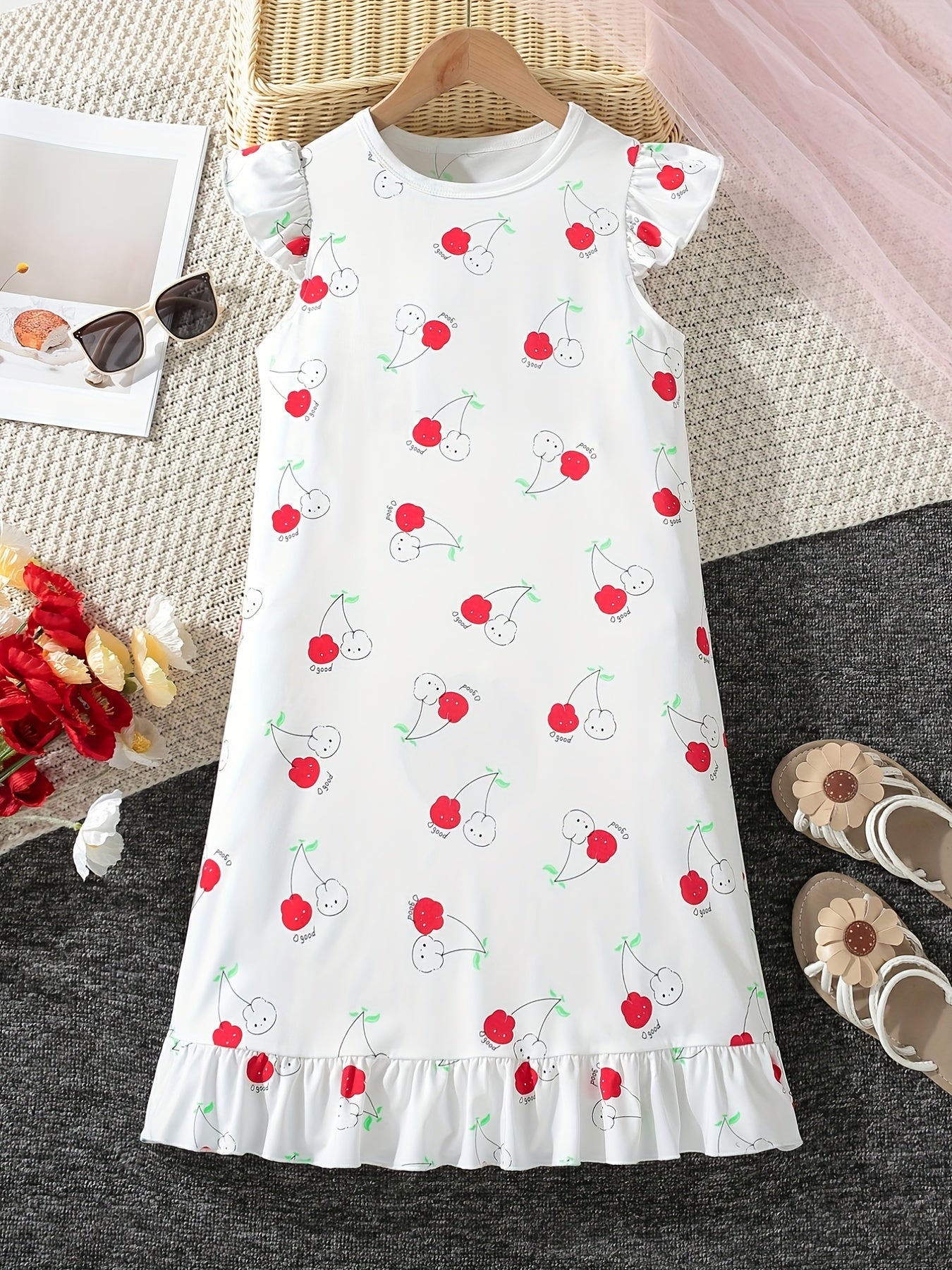 Girls Cherry Print Sleeveless Nightdress Ruffle PJ Round Neck Dress