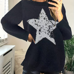 Casual Star Print Round Neck Tunic Sweater