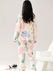 Bear Print Pajama Set Long Sleeve Crew Neck Top & Pants