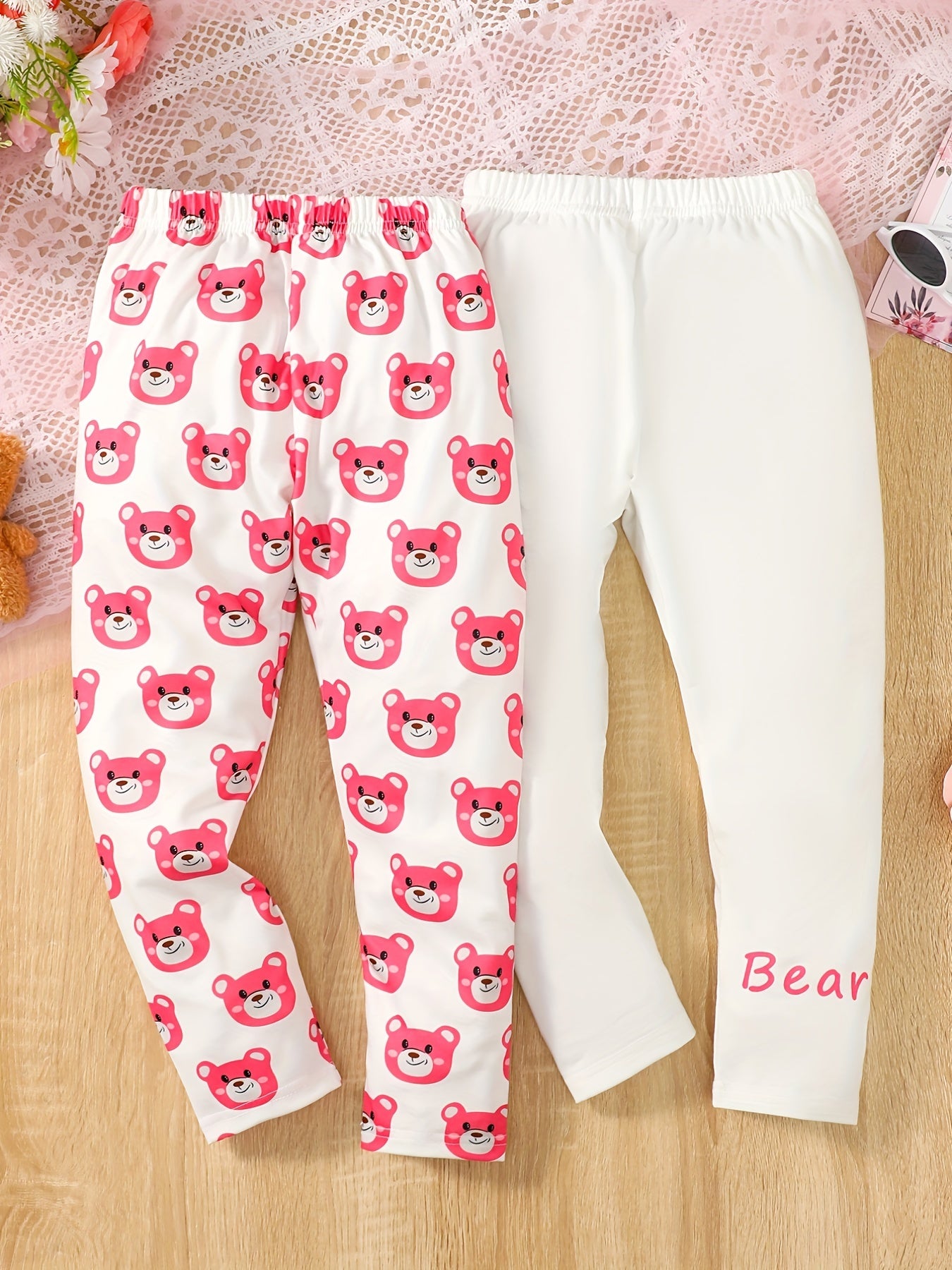 2pcs Pink Bear Full Print Leggings Outfit