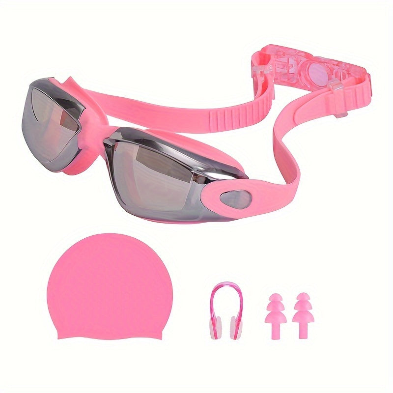 Swimming Set Anti-fog Goggles, Cap, Nose Clip, Earplugs