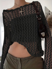 Crochet Beach Wear Knit Sweater Solid Crew Neck Long Sleeve Summer Sweater