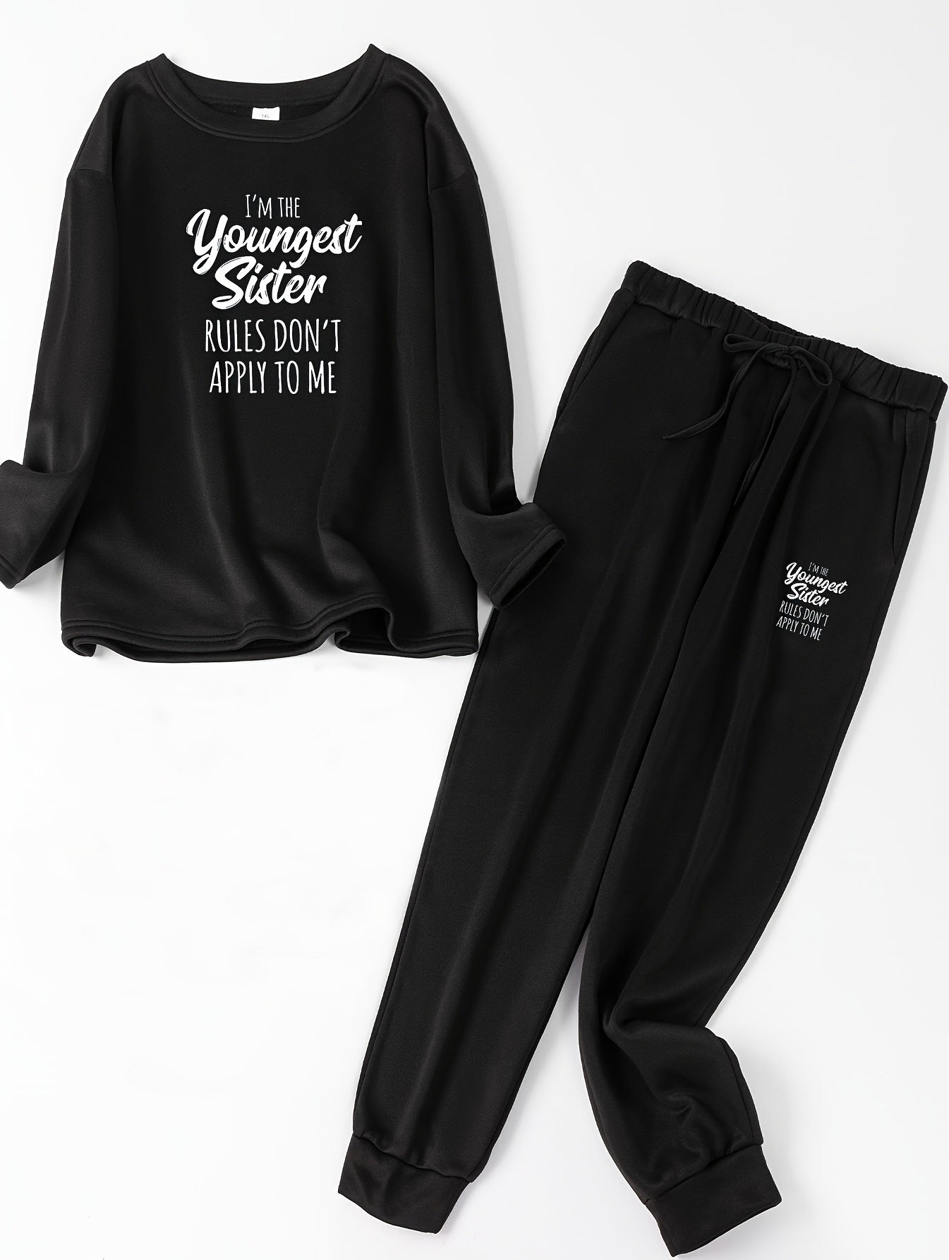 Slogan Print Fleece Top & Tie Joggers Pajama Set