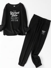 Slogan Print Fleece Top & Tie Joggers Pajama Set
