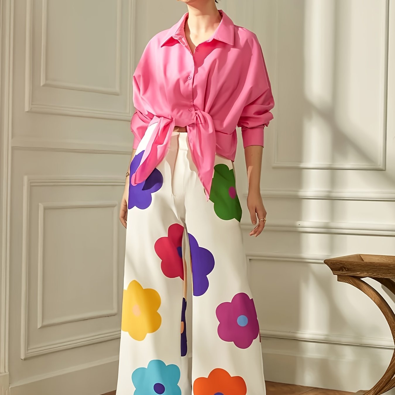 Solid Button Long Sleeve Shirt & Floral Wide Leg Pant