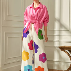 Solid Button Long Sleeve Shirt & Floral Wide Leg Pant