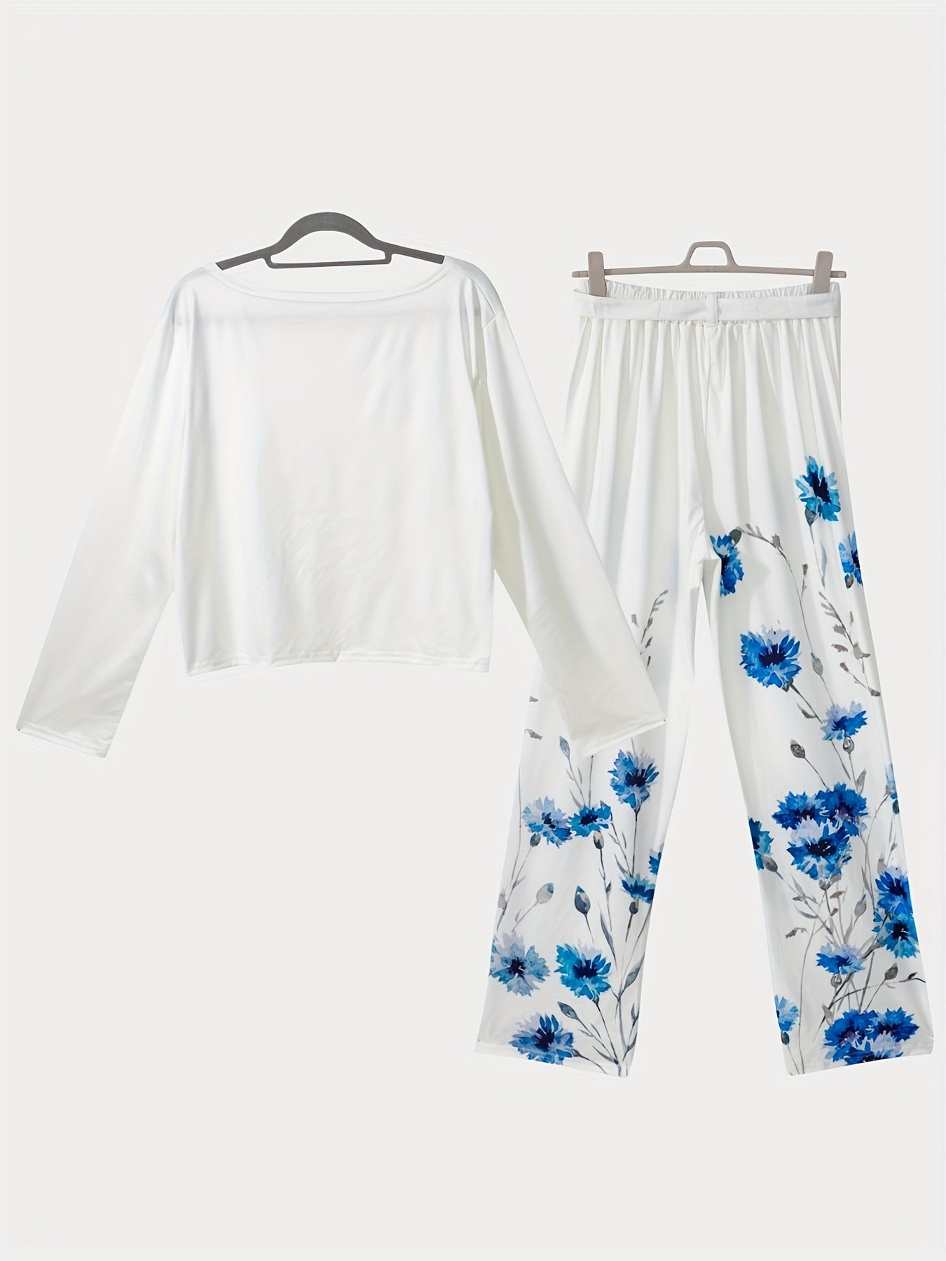 Floral Print Two piece Set Crew Neck Long Sleeve Top & Tie waist Pants